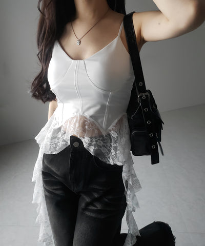 【 ２color 】レースフリルレイヤードビスチェキャミソール ／ lace frill layered bustier camisole