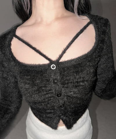 クロスストラップスクエアショートシャギーカーディガン ／ cross strap square short shaggy cardigan