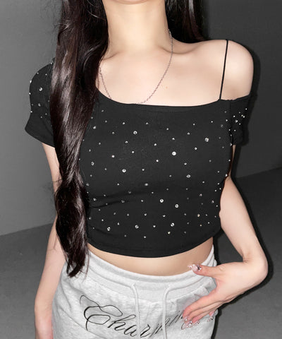 ラインストーンワンショルダーショートTシャツ ／ Rhine stone one shoulder short T-shirts