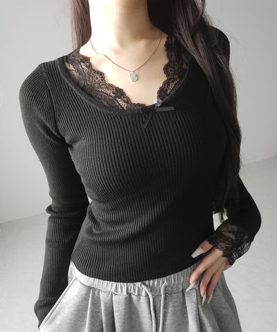 フロントリボンレース切替リブニットトップス ／ front ribbon lace switching ribbed knit tops