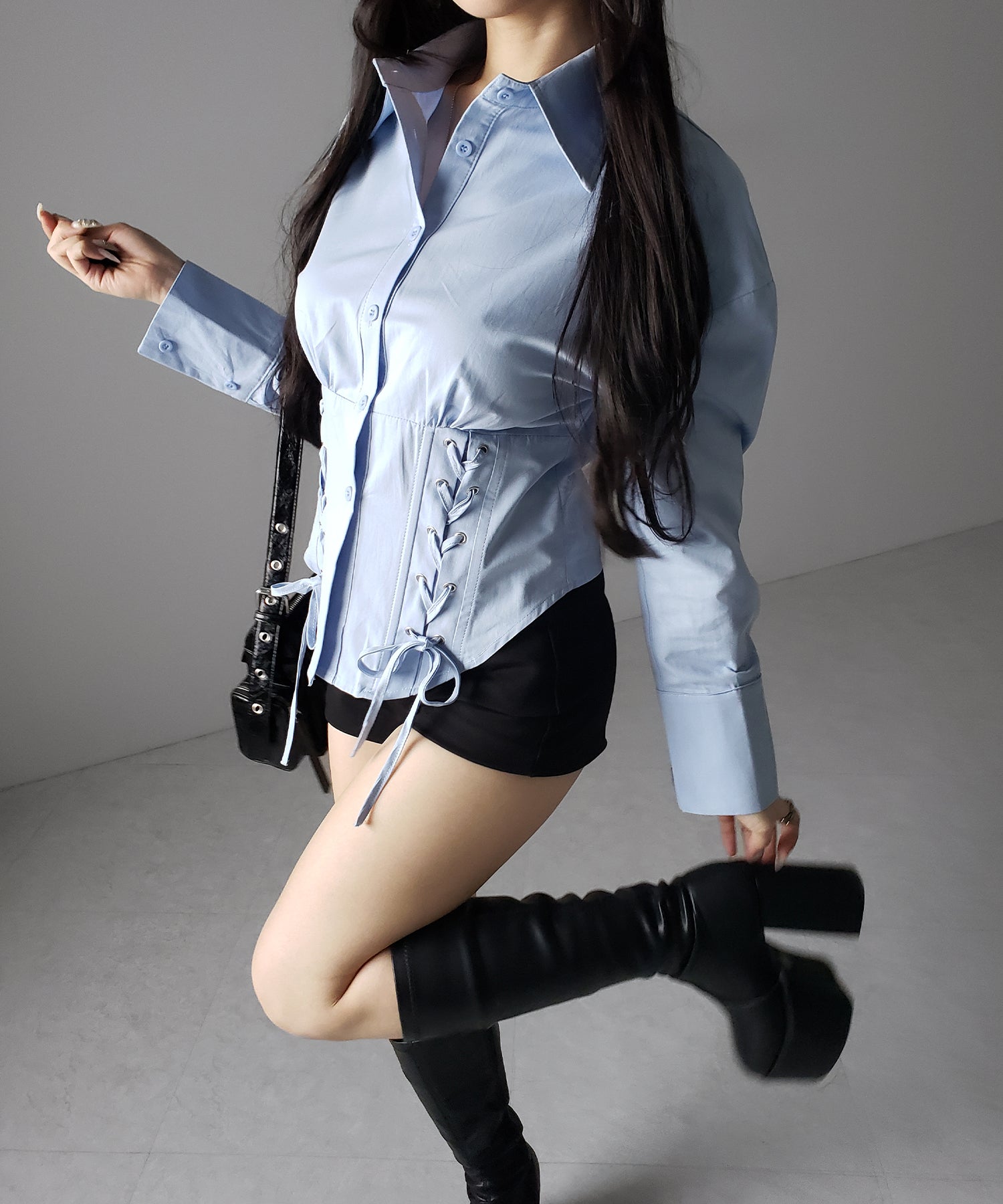ダブルレースアップリボンシャツ ／ double lace up ribbon shirts