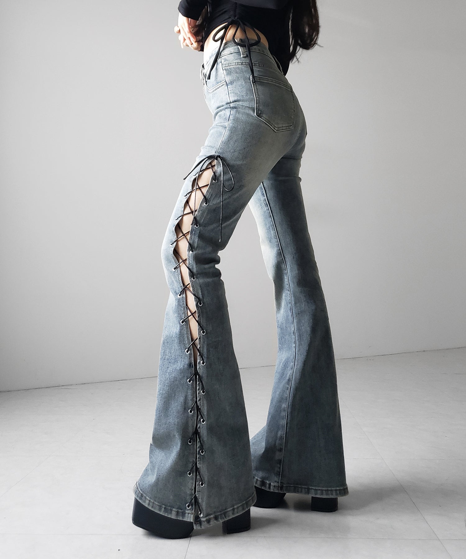 デニムリメイクフレアパンツ+ドット柄つけ襟/ウエスト巻き☆セットアップ☆レース フレアパンツ デニム パンツ ボトムス レディース スリット