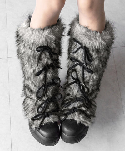ボリュームフェイクファーレースアップロングブーツ ／ volume fake fur laceup long boots