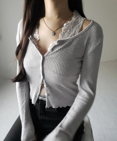 【 ２点セット 】レイヤードレースシアーリブカットソーカーディガン ／ layered lace sheer rib cut and sew cardigan