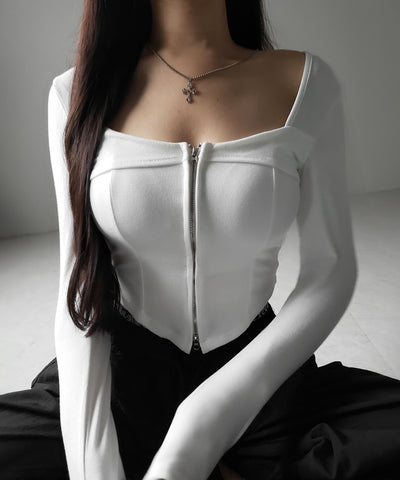 【 ２color 】ダブルジップコルセットスクエアネックロンＴ ／ double zip corset square neck longsleeve T-Shirt