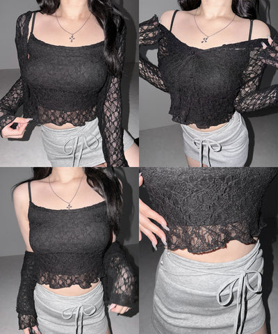 ストレッチレースメローキャミソール ＋ カーディガンセット ／stretch lace mellow camisole + cardigan set
