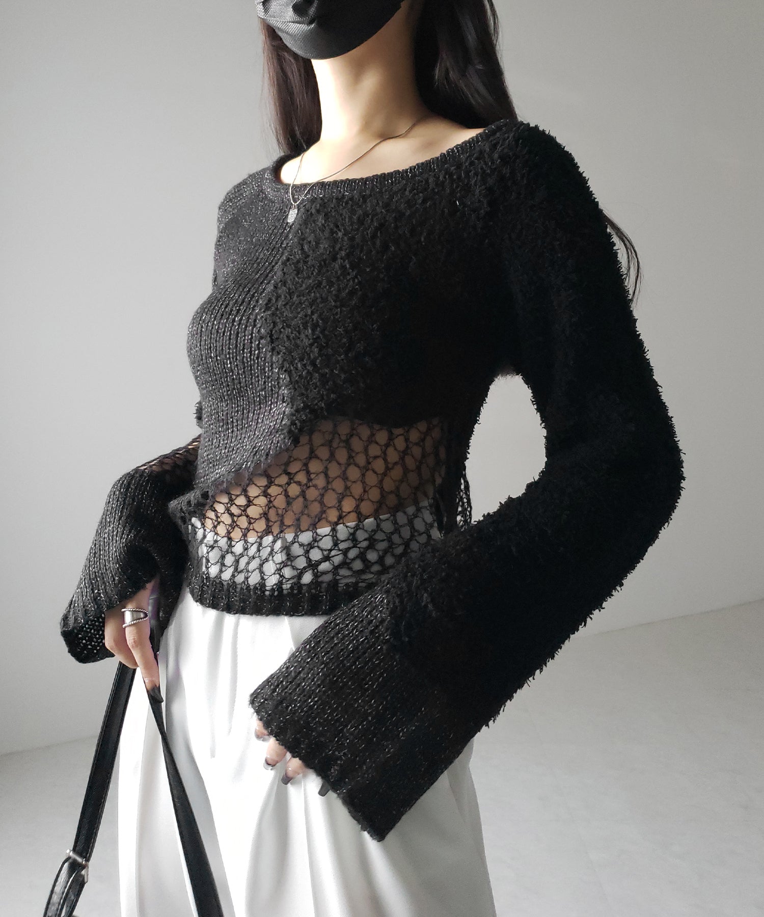 【 ２color 】異素材ドッキングスカシアミニットトップス ／ mixed material docking openwork knit tops
