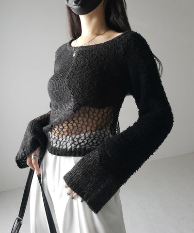 【 ２color 】異素材ドッキングスカシアミニットトップス ／ mixed material docking openwork knit tops