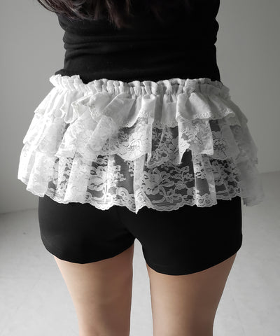 【 ２color 】ストラップリボンレースフリルミニ巻きスカート ／ strap ribbon lace frill mini wrap skirt