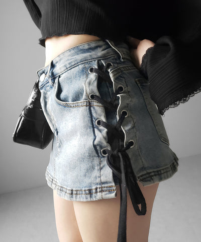 【 インパン裏地付き 】レースアップマイクロデニムミニスカパン ／ Lace-up micro denim mini skirt pants