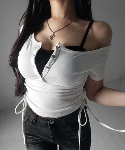 【 ２点セット 】ヘンリーネックサイドリボン半袖ぴちＴシャツ ／ Henley neck side ribbon short-sleeve pichi T-shirt