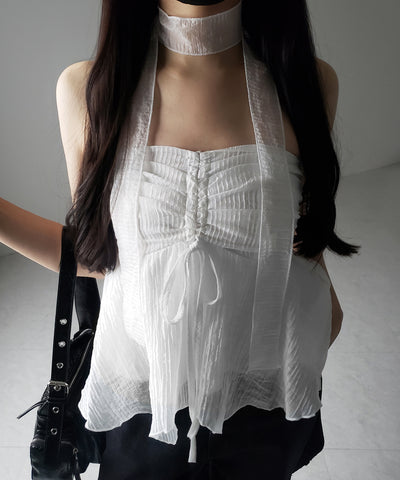 【 チョーカータイ付 】シャーリングリボンペプラムシフォンビスチェトップス ／ choker tie set shirring ribbon peplum chiffon bustier tops