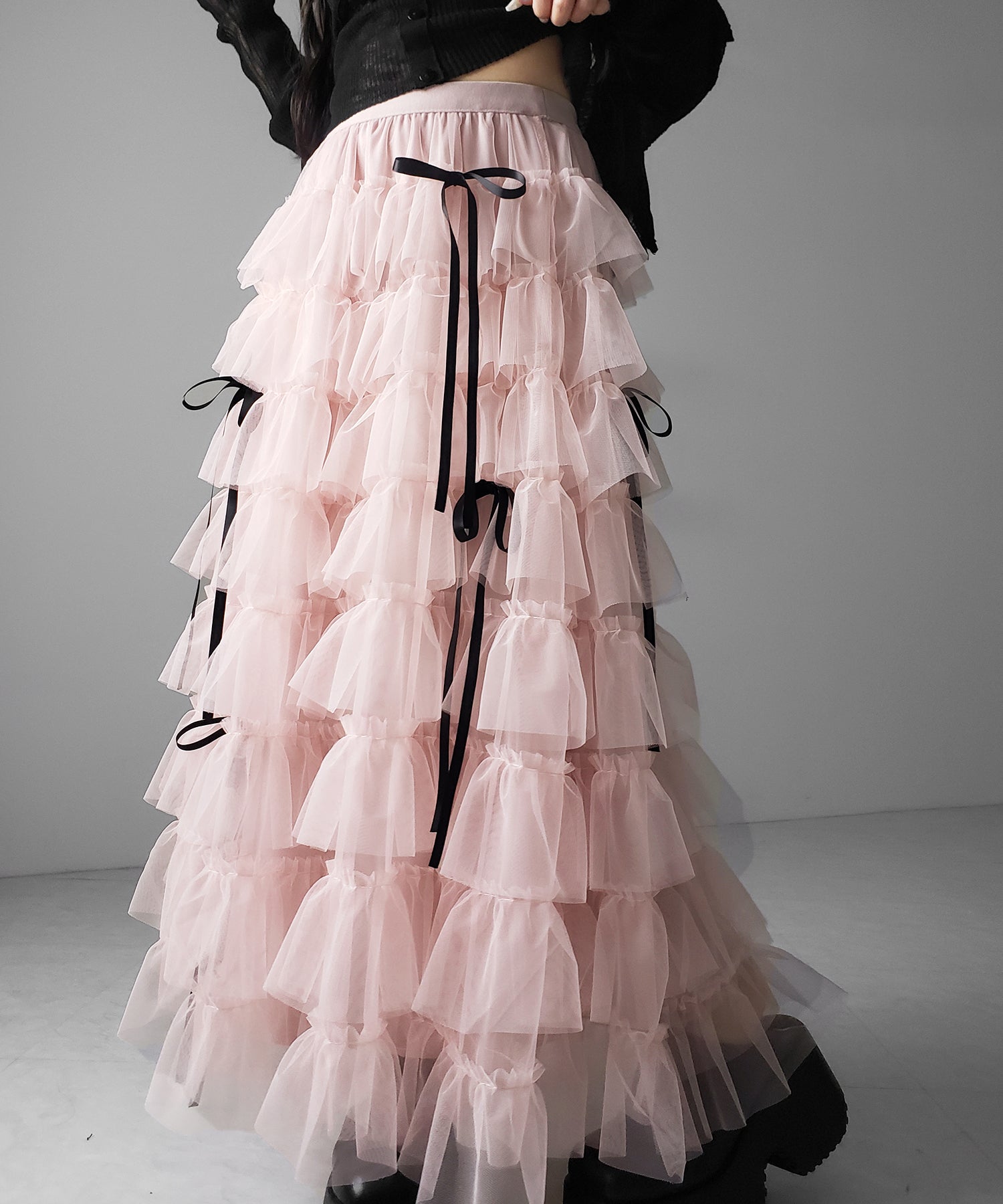 【 新色ピンク追加！／５color 】ストラップリボンバレエコアチュールスカート ／strap ribbon ballet core tulle skirt