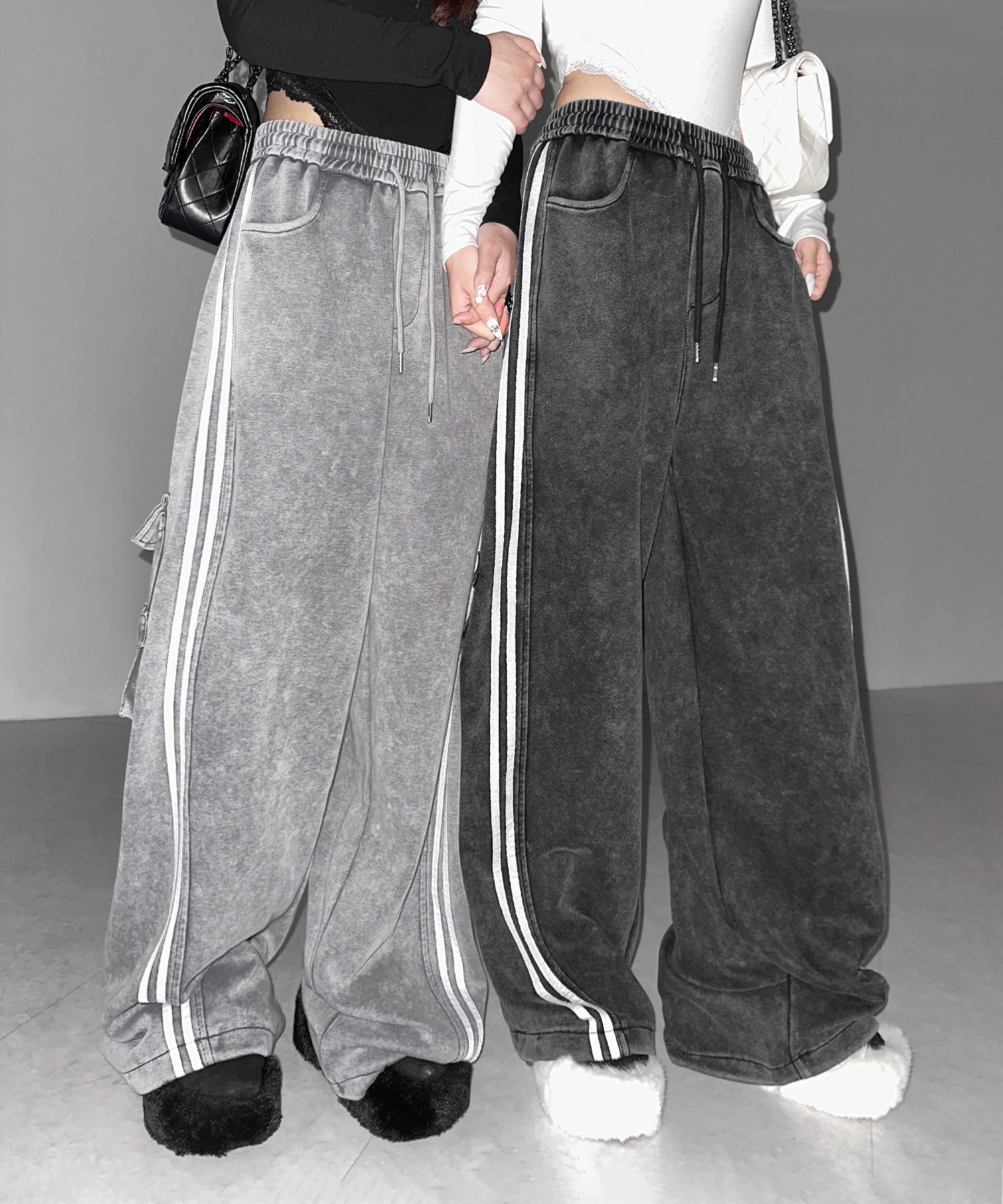 【 裾絞り可能２WAY 】サイドラインピグメントワイドカーゴスウェットパンツ ／ sideline pigment wide cargo sweatpants