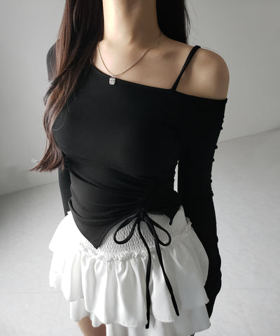 【 裏起毛 ／ カップ付 】サイドシャーリングリボンワンショルトップス ／ side shirring ribbon one shoulder tops