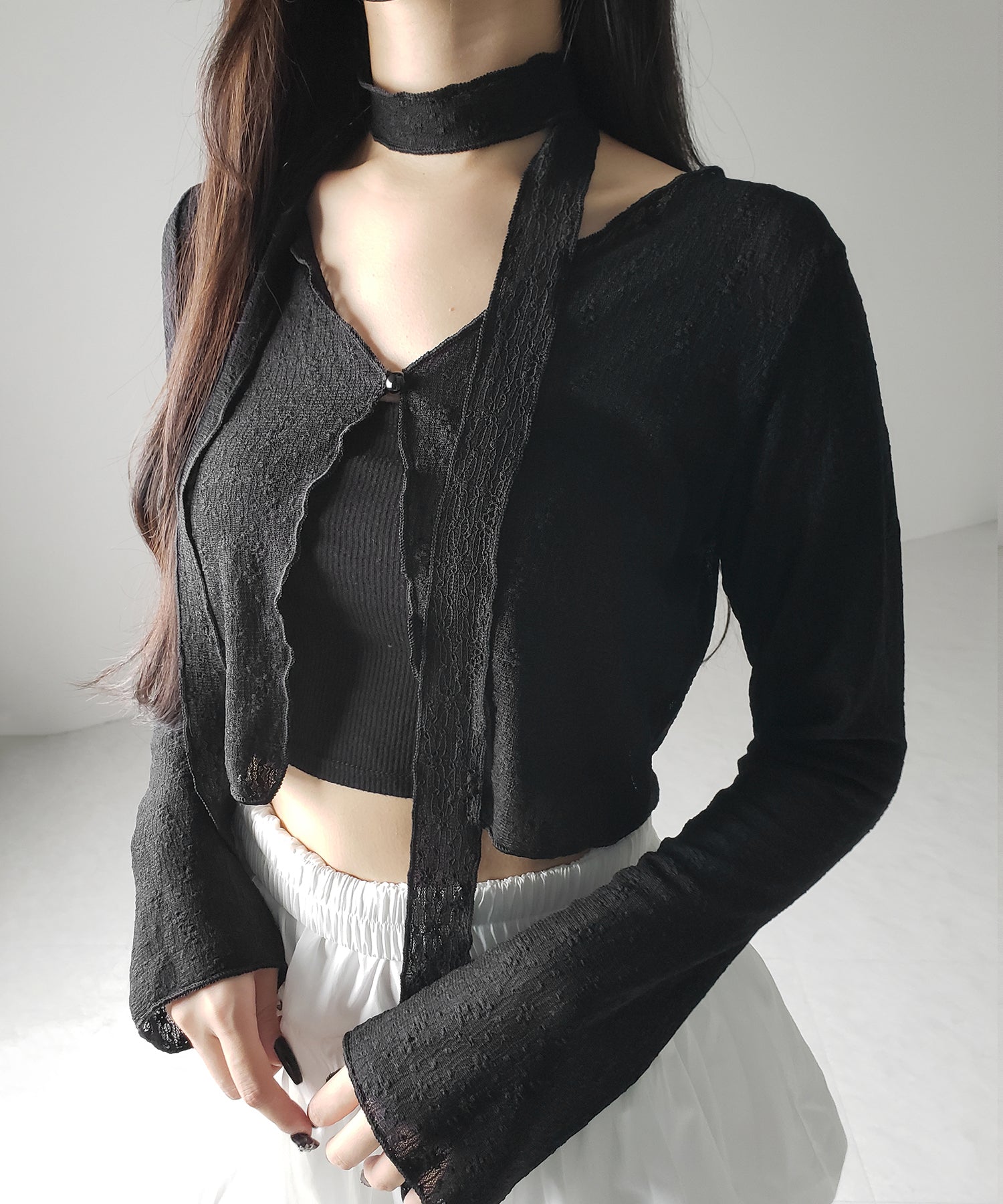 【 ２color ／ ２WAY 】チョーカーロングタイ付きショートシアーカーディガン ／ choker long tie set short sheer cardigan