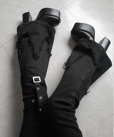 クロスデザインヴィンテージライクフリンジストレッチフレアデニム ／ cross design vintage-like fringe stretch flare denim