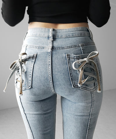 【４size 】バックリボンレースアップ美脚ストレッチフレアデニム ／ back ribbon lace up slim leg stretch flare denim