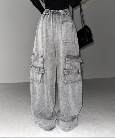 【 裾絞り可能２WAY 】サイドラインピグメントワイドカーゴスウェットパンツ ／ sideline pigment wide cargo sweatpants