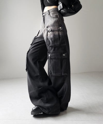 【 ３color ／４size 】オーバーダイグラデーションヴィンテージワイドカーゴデニム ／ overdyed gradation vintage wide cargo denim