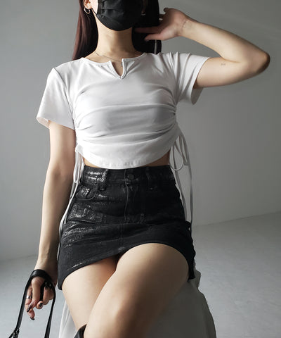 【 ２color 】サイドシャーリングリボン半袖ショートＴシャツ ／ side shirring ribbon short Tee
