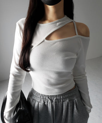 【 ３color 】ショルダーカットアウトストラップリブトップス ／ shoulder cutout strap lib tops