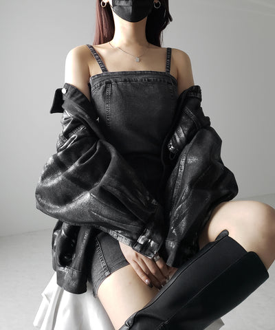 【 ２color 】ウォッシュデニムハイウエストミニキャミワンピース ／ wash denim high waist mini cami onepiece
