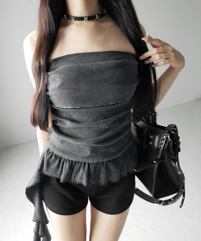 【 ２color 】ヴィンテージピグメントフリルベアトップス ／ vintage pigment frill bare tops