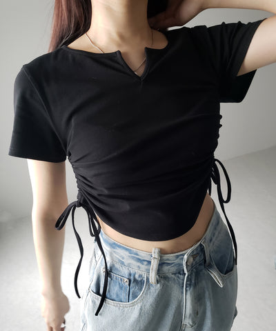 【 ２color 】サイドシャーリングリボン半袖ショートＴシャツ ／ side shirring ribbon short Tee