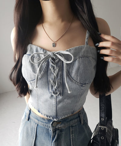 【 ２color 】レースアップリボンコルセットデニムビスチェ ／ lace up ribbon corset denim bustier