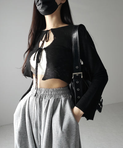 【 ２color 】ダブルリボンシアーニットショートカーディガン ／ double ribbon sheer knit short cardigan