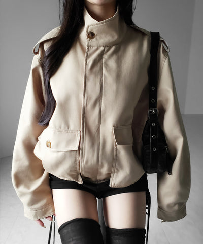 スタンドカラーオーバーショートトレンチコート ／ stand collar over short trench coat