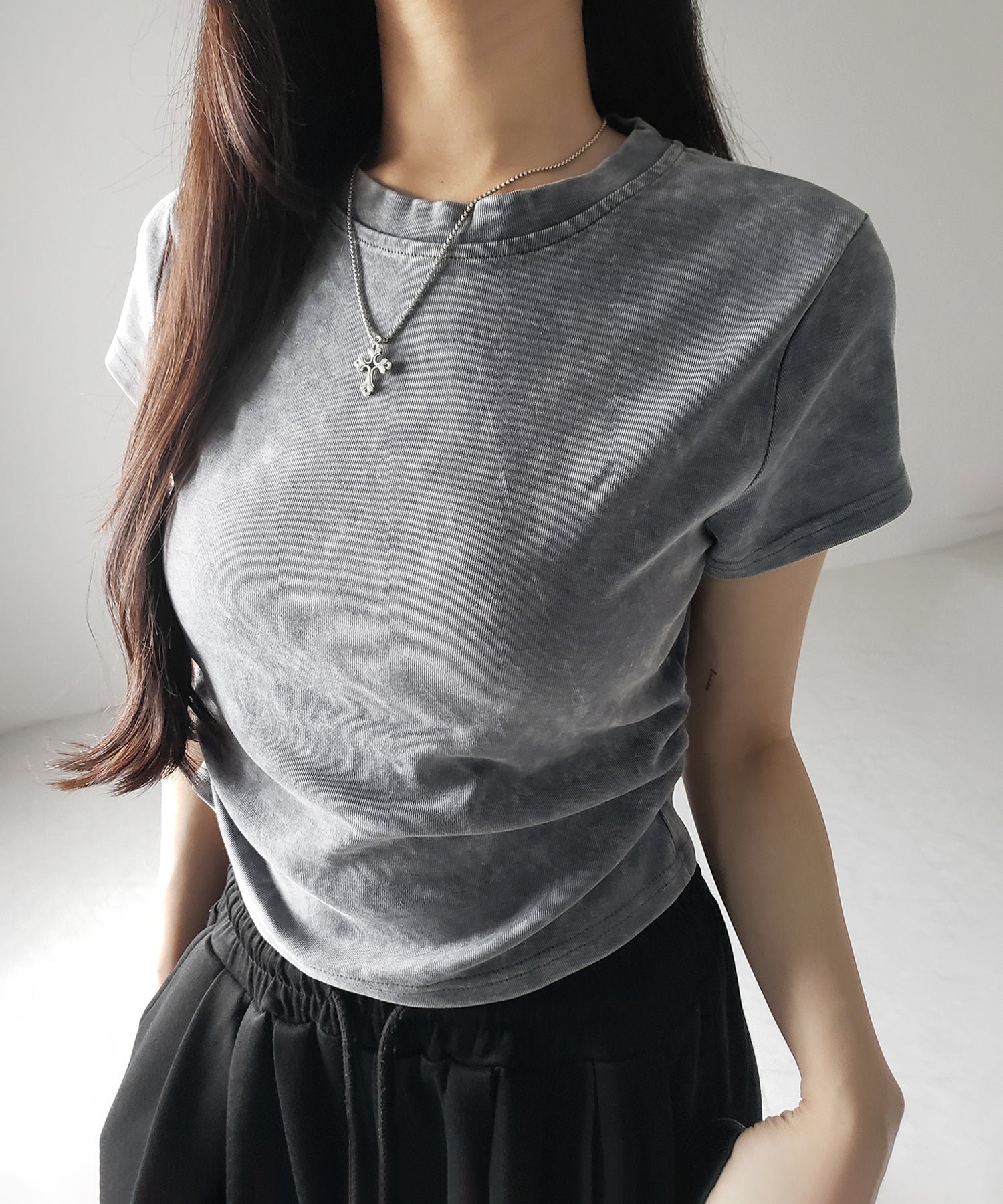 【 ２color 】サイドギャザー半袖ヴィンテージTシャツ ／ side shirring short slleve vintage T-shirt