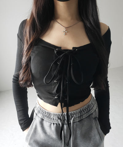 【 ３color 】レースアップフロントリボンショートスリムトップス ／ lace up front ribbon short slim tops