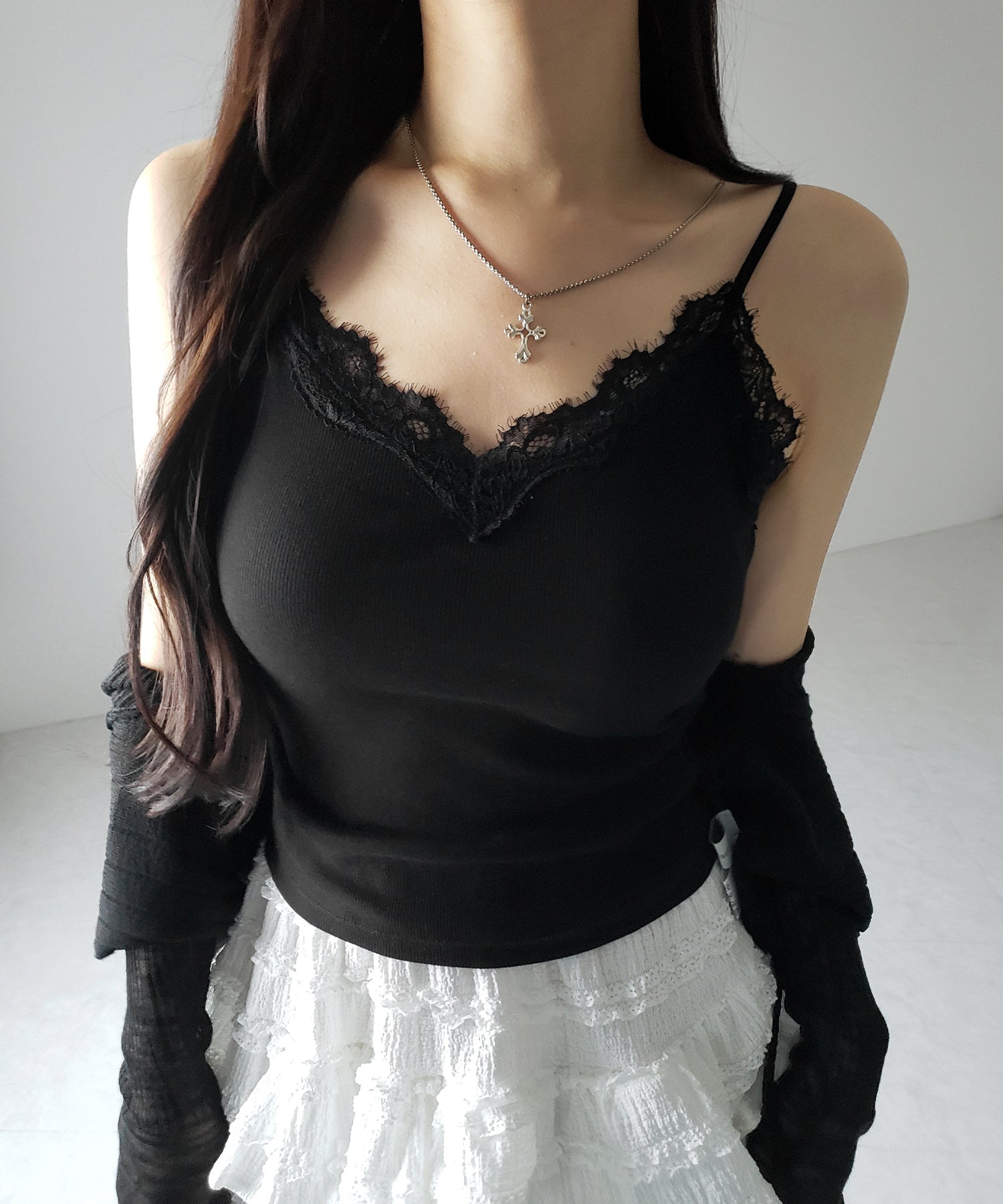 【 ４color ／カップ付 】レースドッキングリブキャミソール ／lace docking ribbed camisole