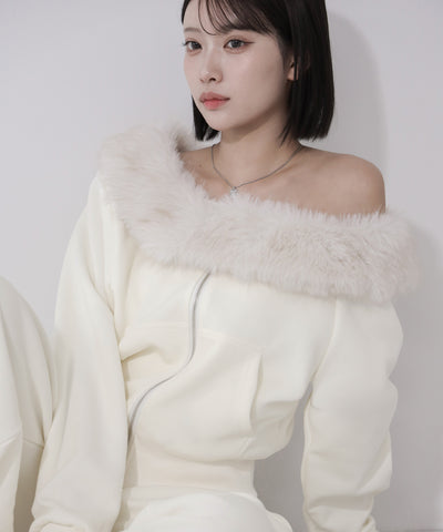 【 セットアップ 】ファーダブルジップワンショルスウェット＆タックワイドスウェットパンツ ／ Fur double-zip one-shoulder sweatshirt ＆ tuck wide sweatpants SETUP