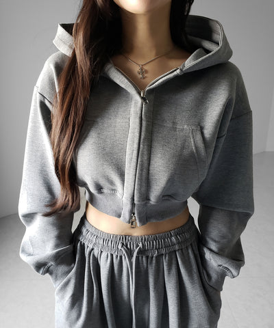 【 セットアップ 】ダブルジップショートパーカー ＋ タックワイドスウェットパンツ SET ／ double zip short hoodie + tuck wide sweat pants SET