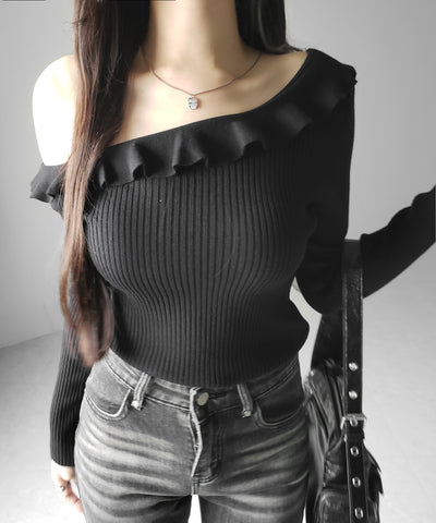 ワンショルフリルタイトリブニットトップス ／ one-shoulder frill tight rib knit tops