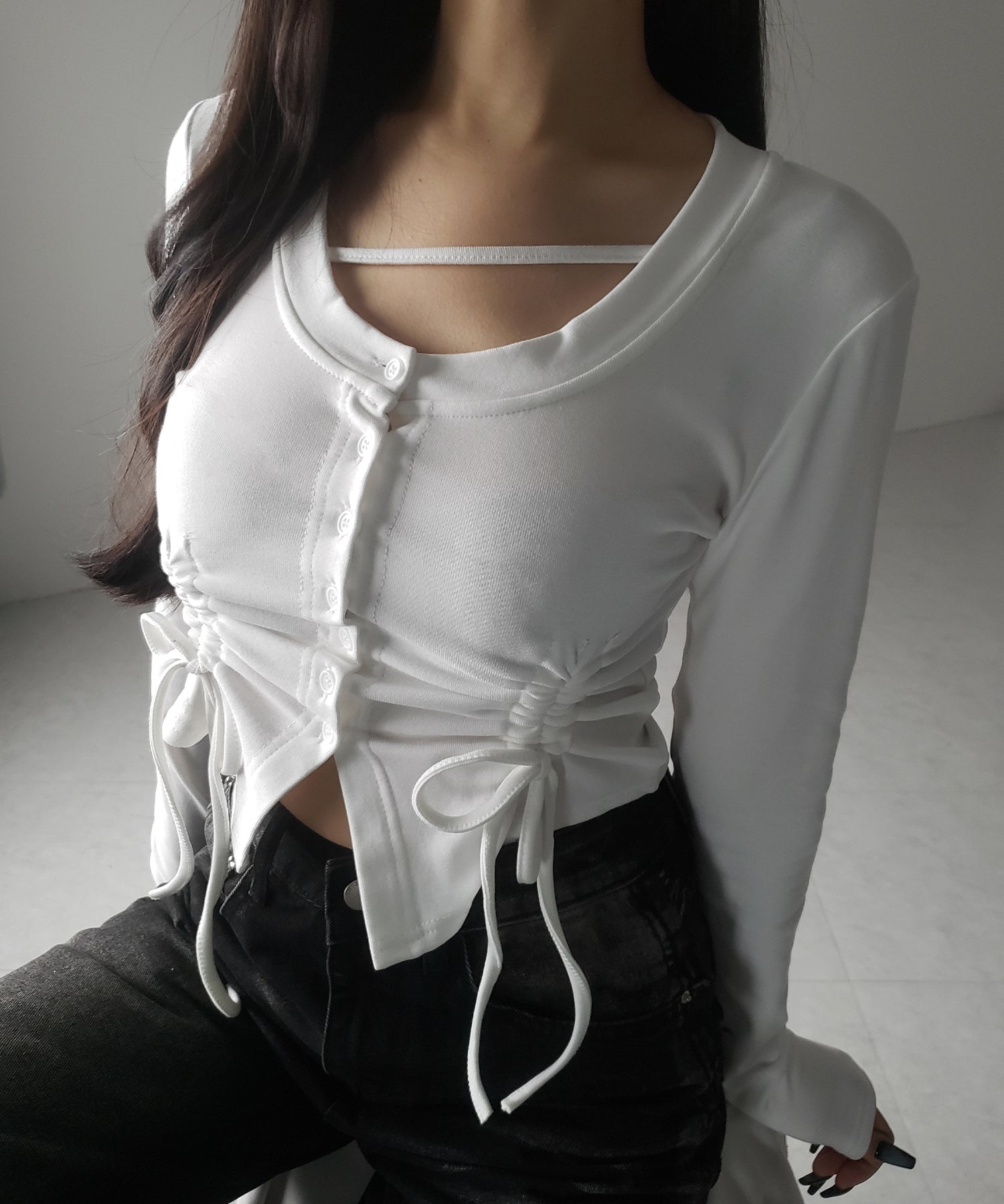 【 ２color ／ 裏起毛 】ナナメストラップダブルシャーリングリボントップス ／ naname strap double shirring ribbon tops