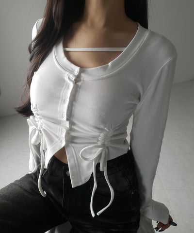 【 ２color ／ 裏起毛 】ナナメストラップダブルシャーリングリボントップス ／ naname strap double shirring ribbon tops