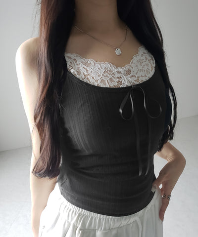 【 ３color ／ カップ付き 】フロントリボンレースドッキングキャミソール ／front ribbon lace docking camisole