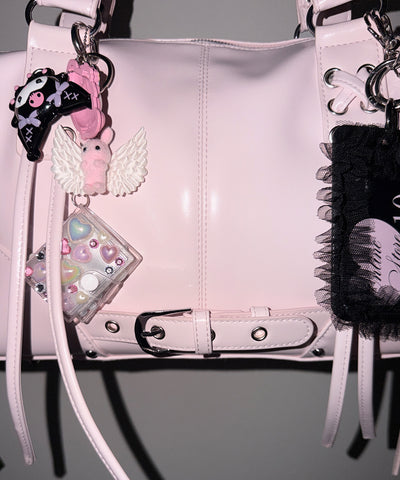 【 ショルダーストラップ付き２WAY 】レースアップベルテッドフリンジボストンショルダーバッグ／lace up belted fringe boston shoulder bag