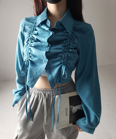 【 ３color 】ダブルリボンシャーリングショートシアーシャツ ／ double shirring ribbon short sheer shirts