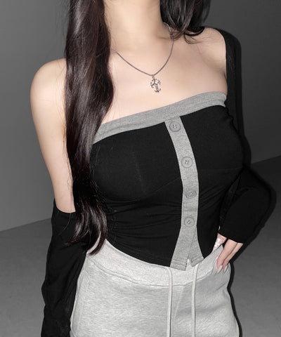 【 ２点セット 】バイカラーボタンベアトップス＆ショートカーディガン SET ／ bicolor button bare top & short cardigan SET