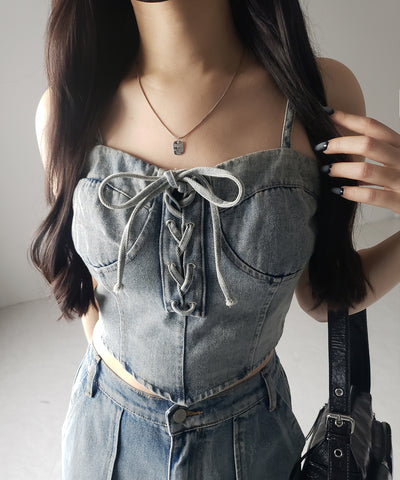 【 ２color 】レースアップリボンコルセットデニムビスチェ ／ lace up ribbon corset denim bustier