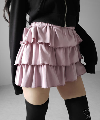 【 新色ピンク追加！４color 】３段フリルカットソーミニスカパン ／ 3 frill cutsew mini skirt pants
