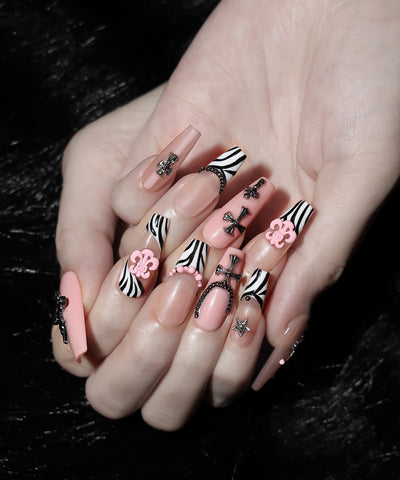ピンクゼブラフレンチクロスチェーンネイルチップ／pink zebra french cross chain nail tips