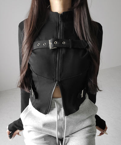 スタンドカラーベルテッドダブルジップスリムトップス ／ stand collar belted double zip slim tops