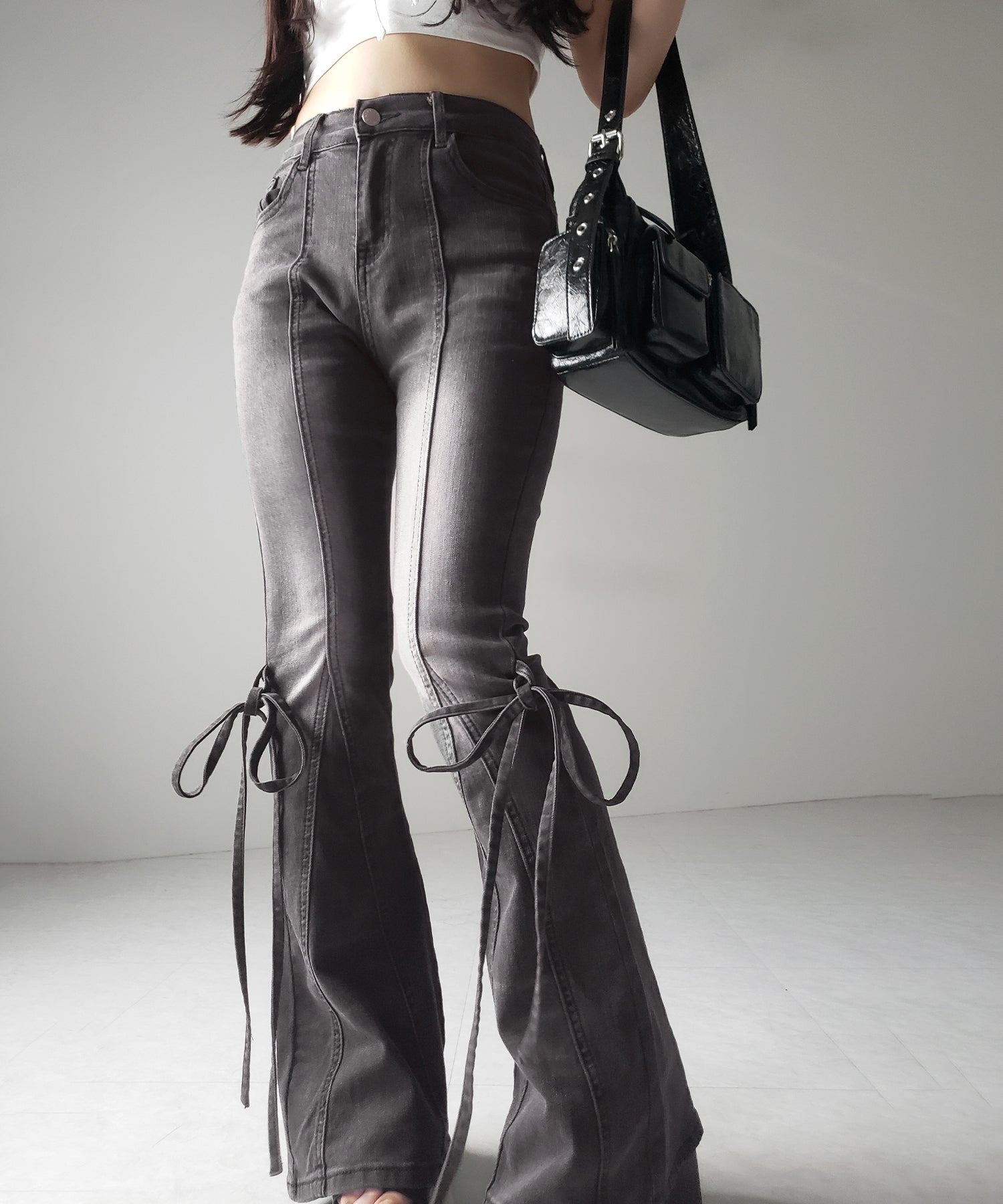 【 ２color ／ ４size 】ストラップリボンヴィンテージストレッチフレアデニム ／ strap ribbon vintage stretch flare denim