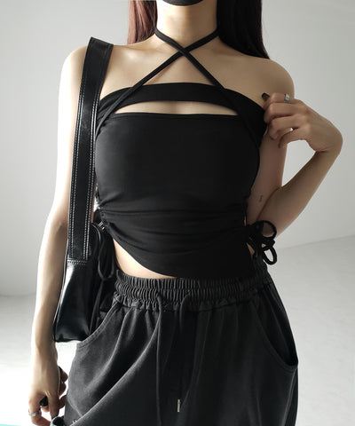 【 カップ付き ／ ２WAY 】クロスストラップリボンカットアウトショートキャミソール ／ cross strap ribbon cutout short camisole